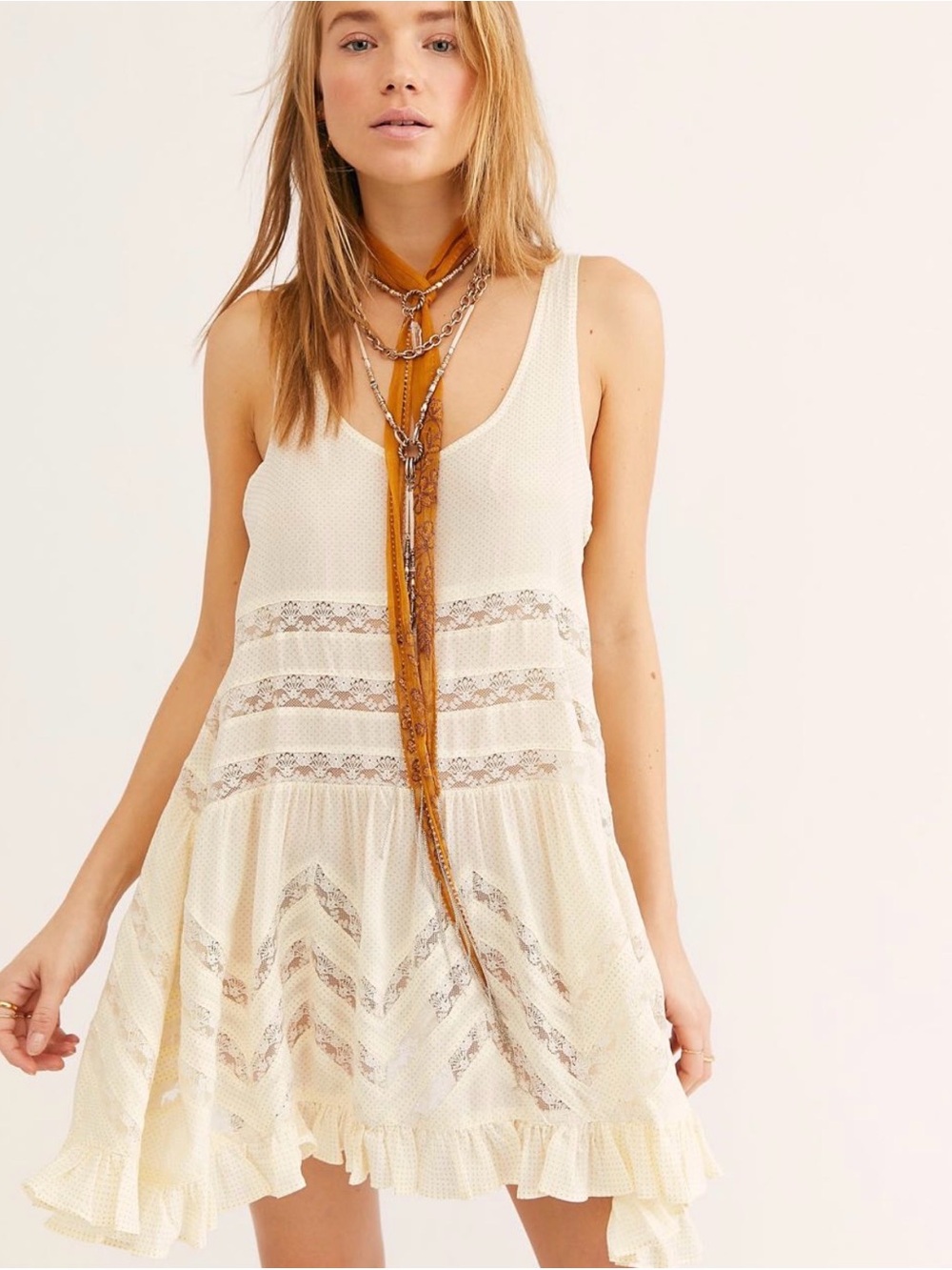 FREE PEOPLE Sleeveless Cream Ruffled Lace Boho Trapeze Slip Dress Size Medium